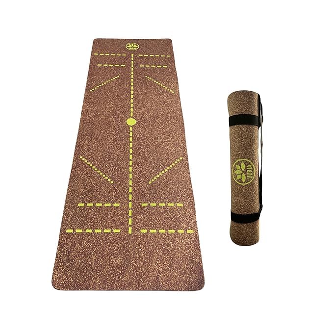 UURJA Cork & Natural Rubber Yoga Mat with Carry Sling | Thick, Long, and Wide Non-Slip Exercise Mat for Gym, Workout, Fitness | 6mm Thick,Size 6x2 Ft, Brown Yoga Mat with Neon Green Alignment Lines-picture-20