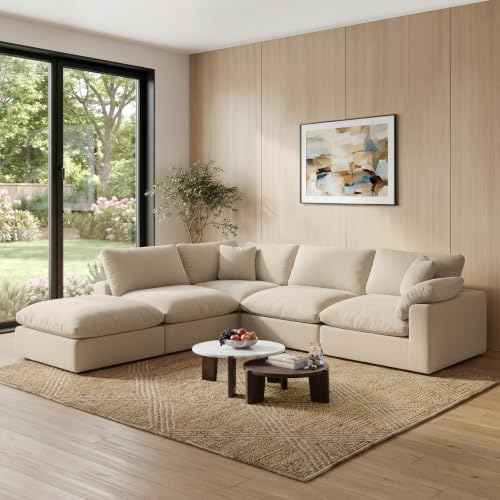 Image of 143 inch Cloud Modular Sectional Sofa,Khaki Down Filled Sofa 4 Seat with Chaise,Minimalist Sofa Cover Washable and Replaceable Couches for Living Room,Sectional Sofa Deep Seat