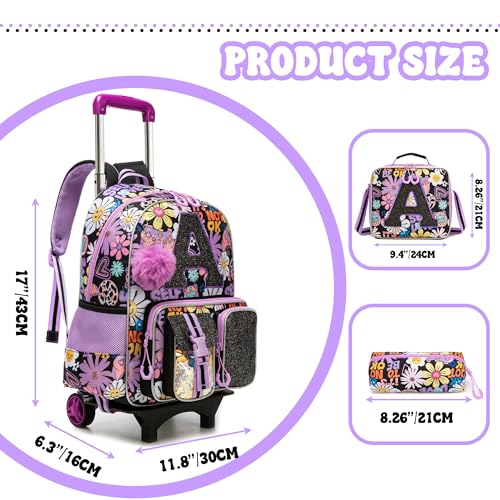 Image of HTgroce Cute Rolling Backpack for Girls Kids with Lunch Box & Pencil Case 3pcs Girls Rolling Backpacks for Elementary Middle School Bag with Wheels (Sun Flower Letter A)