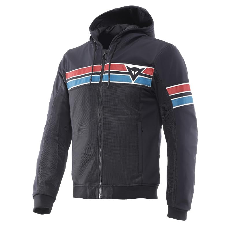 DAINESE Vintedge Air Tex Jacket, Giacca da Moto con Cappuccio, Nero con Strisce Rosse e Blu