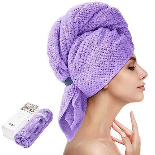 Yfong X-Large Microfiber Hair Towel Wrap For Women, Soft Hair Drying Towel With Elastic Band, Fast Drying Hair Turbans For Wet Curly Long Hair, Microfiber Towel For Hair Anti Frizz 30" X 40" (Purple) #TOP23