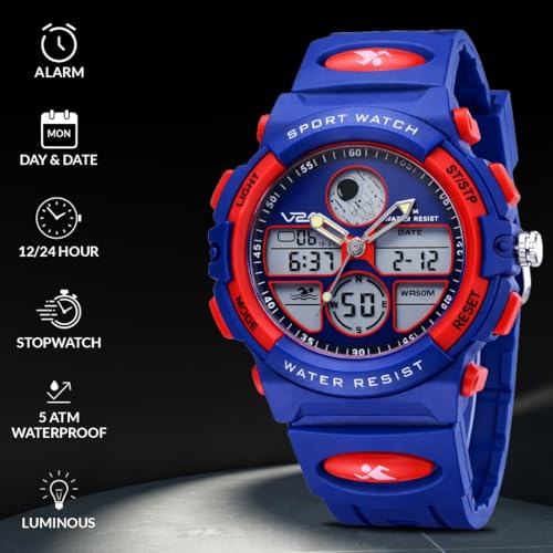 Image of V2A Nova Pro Kids Watch for Boys Age 8-14 | 44mm Analog Digital Sports Watch | Alarm Stopwatch Backlight | TPU Strap | 30M Water Resistant | School & Birthday Gift | Gift for Boy