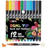 Dual Brush Colored Pens Coloring Markers, ZSCM 12 Colors Fine&Brush Tip Art Markers for Kids Adult...