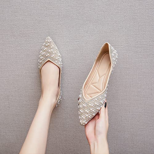 ANUFER Women's Elegant Pointed Toe Rhinestones Pearls Beaded Flat Pumps Shoes Lightweight Slip On Ballerinas4