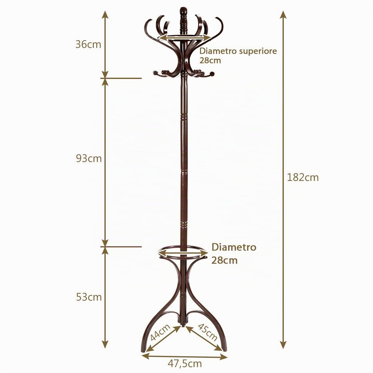 GYMAX Attaccapanni da Terra, Appendiabiti in Legno con Portaombrelli e 12 Ganci, per Ufficio, Soggiorno e Camera da Letto, 48 x 48 x 182 cm (Marrone rossiccio)