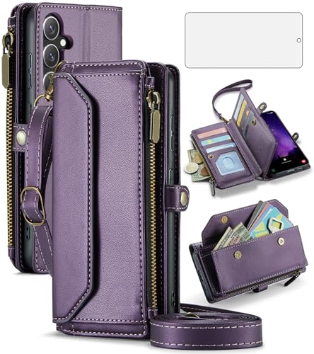 Coque Samsung S24 FE 5G étui portefeuille à fermeture éclair avec verre trempé d'Asuwish