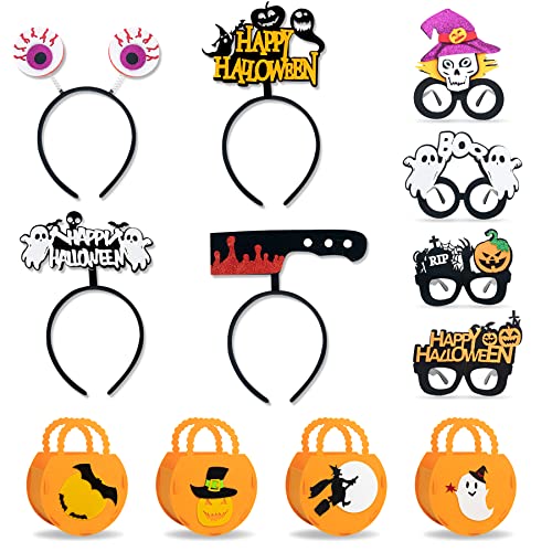 OPUHOHR 12 Stück Halloween Brille Stirnband Kürbis Candy Bag Set, Halloween Haarschmuck Partybrillen Cartoon Spaßbrillen Geist Spinne für Karneval Maskerade Requisiten Cosplay Halloween Party Decor Cover