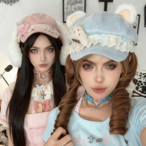 Boina rosa kawaii Y2K con diseño de oso para mujer miniatura 3