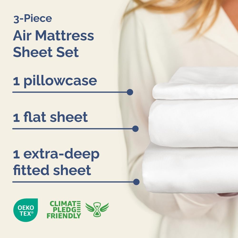 air mattress sheet set for twin xl size - 3 piece breathable & cooling sheets w/ extra deep pockets - fits inflatable & blow up air mattresses 24 inches thick - soft and wrinkle free - antique white 02 - antique white twin xl