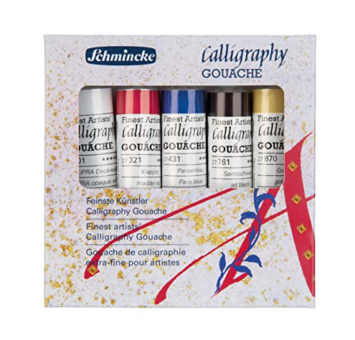 Schmincke - Calligraphy Gouache, 5 x 20 ml-Tuben, 72 705 097, 5 feinste Kalligraphie Farbtöne im Holzkasten, brillant, Kalligraphietechniken