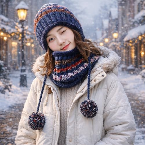 HUAMULAN 2 Piece Set Women Winter Beanie Hat Circle Scarf Set Ski Ear Flaps Caps Dual Layered Fleece Lined Pompoms - 2