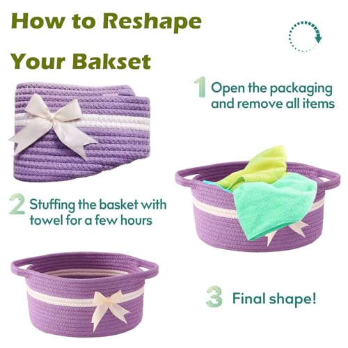 Image of Gift Baskets Empty, Small Woven Rope Storage Basket with Bow and Ribbons and Gift Wrap, Bowknot Decorative Gifts Basket with Handles, DIY Storage Organizer Basket for Wedding Graduation, Purple