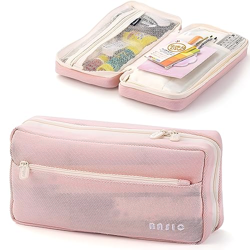 Image of Large Pencil Case with 4 Compartments, Big Capacity Pencil Bag Canvas Pencil Pouch with Zipper, Pencil Pouch Aesthetic, Pencil Pen Case Bag for Office College School Teen Boys Girls Students (Pink)