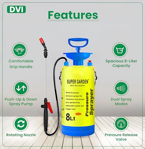 Image of Super Garden Dvi Super Garden Pressure Sprayer Used For Spray In Agriculture, Pesticides, Insecticides, Water Spray On Plants, Home And Commercial Use (8 Litre Tank)