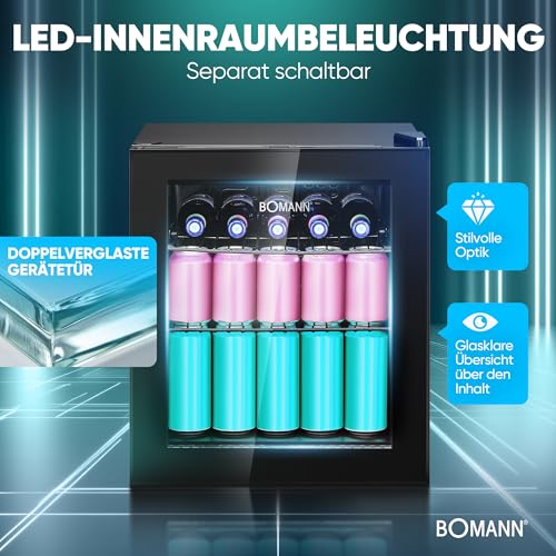 Bomann® Getränkekühlschrank für bis zu 55 Dosen | Kühlschrank mit Glastür 42db leise | 2 Ablagen | Kühlschrank Getränke 46L | Mini Kühlschrank Glastür | Minibar für Büro, Outdoor und Gaming | KSG 7291
