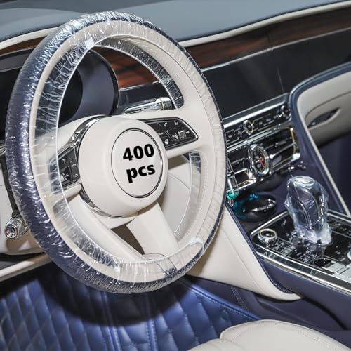 Lawei Sef of 400 Disposable Steering Wheel Covers and Gear Selector Shifter Knob Covers, Universal Plastic Transparent Car Steering Wheel Covers with with Elastic Bands, Disposable Gear Shift Cover