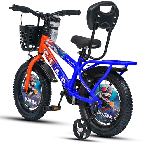 Image of Shark Tank 14T Kids Bicycle for Boys & Girls with Inbuilt Carrier, Front Basket, PU Soft Seat, Full Chain Cover & Stylish Wheelcards (Orange /Blue)