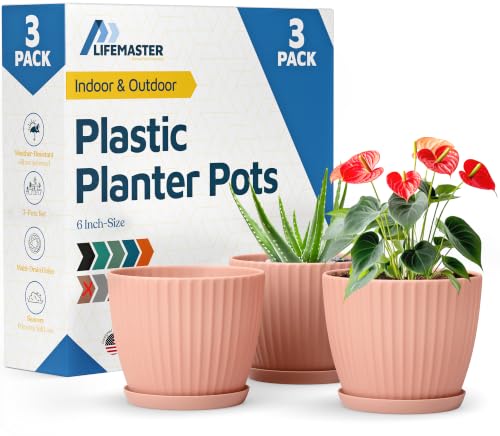 Pink 6-Inch Plant Pots with Drainage & Saucers 3 Pack, Indoor & Outdoor Planters for Houseplants, Herbs, and Flowers, Durable & Weatherproof Material, Stackable, Lightweight, Minimalist Design