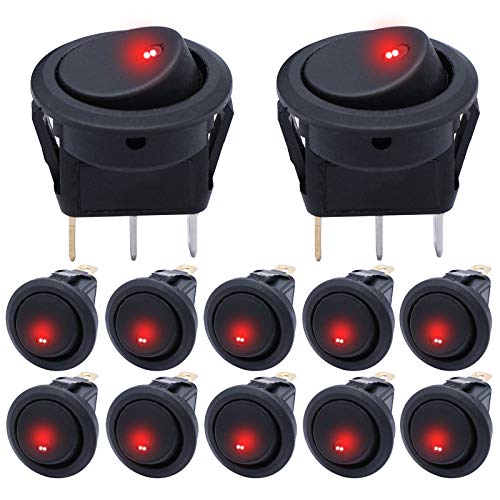 Mxuteuk KCD2-102N-R 12Pcs 12V Lighted Round Rocker Switch Toggle Switch Red Led Spst On-Off Switch 20A cover