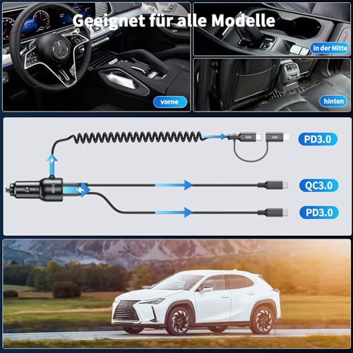 Zigarettenanzünder USB C, 110W 65W+45W 12V USB Auto Kfz Ladegerät Autoladegerät mit 1.5M Schnellladegerät Spiral Typ C Adapter L Kabel Car Charger für iPhone 16 15 14 Samsung iPad Pro Airpods Android – Bild 6