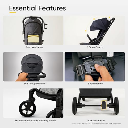 Image of Frido Autofold Travel Stroller for Babies, EN1888 Certified, One-Hand Auto-Fold & 5-Point Safety Harness, Lightweight Travel-Friendly Design with Suspension Wheels (0-4 Years, Black)