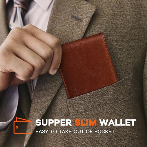 Image of RUNBOX Wallet for Men Slim Leather Bifold RFID Blocking Minimalist Front Pocket Design with Gift Box | Minimalist Front Pocket Design, Holds 8 Cards, RFID Protection, Gifts for Men on Birthdays, Father's Day, and Christmas
