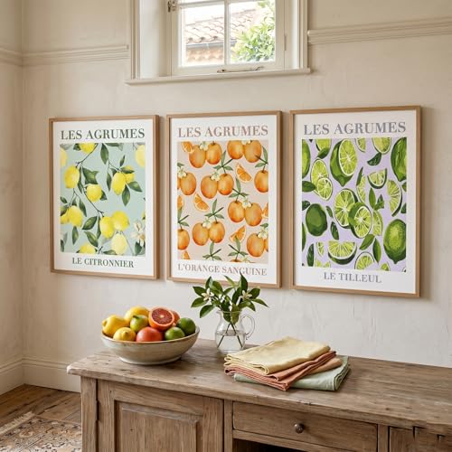 Image of JORCEDI Citrus Botanical Wall Art Set of 3 Canvas Prints Unframed Lemon Orange Lime Fruit Artwork French Country Kitchen Wall Decor for Dining Room Living Room (30 x 40 cm)