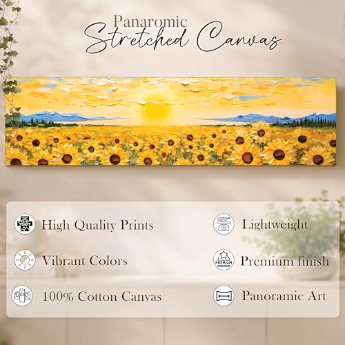 Image of Abstract Sunflower Field Landscape Stretched Canvas Wall Art Painting for Living Room, Horizontal Floral Sunrise Canvas Wall Decor For Livingroom, Bedroom, Office, Hallway's, Hotel 12x46 Inch