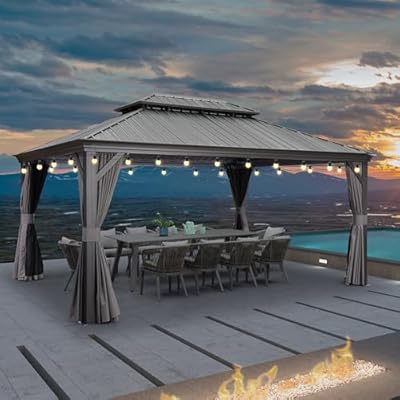 PURPLE LEAF 12' X 16' Permanent Gazebo with Light Hardtop Roof for Outdoor Lawn and Garden Pavilion Grey