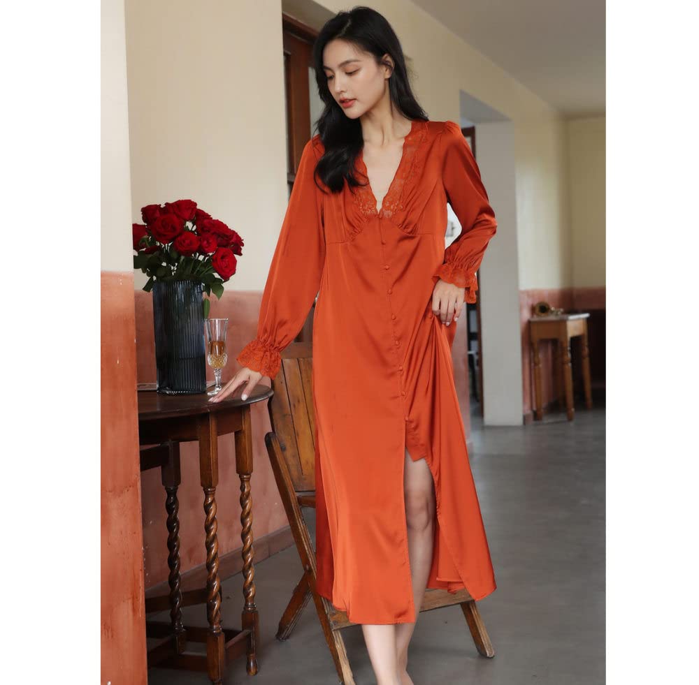 Nachthemd Damen,Damen-Nachthemden, Orange, Satin, V-Ausschnitt, Spitze, Knopf, Schlitz, Sexy Schlafhemd, Weiches, Bequemes, Langärmliges Nachthemd, Loungewear Für Damen, Mädchen, Pyjama-Party, We