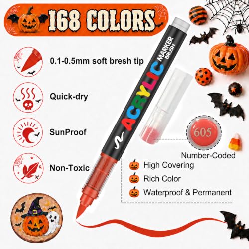 Image of Amamao - 168 Colors Acrylic Paint Markers with Soft Brush Tip for Wood, Stone, Canvas, Glass, Fabric, Egg, Stone Painting and Crafts