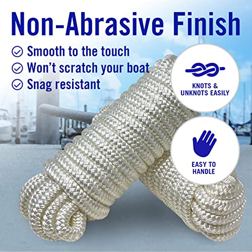 Image of Dock Lines for Boats 1 /2 inch x 25ft, 2 Pack Double Braided Nylon Boat Rope | 12 inch Loop, Marine Grade Mooring Line for Docking, White, Better Boat