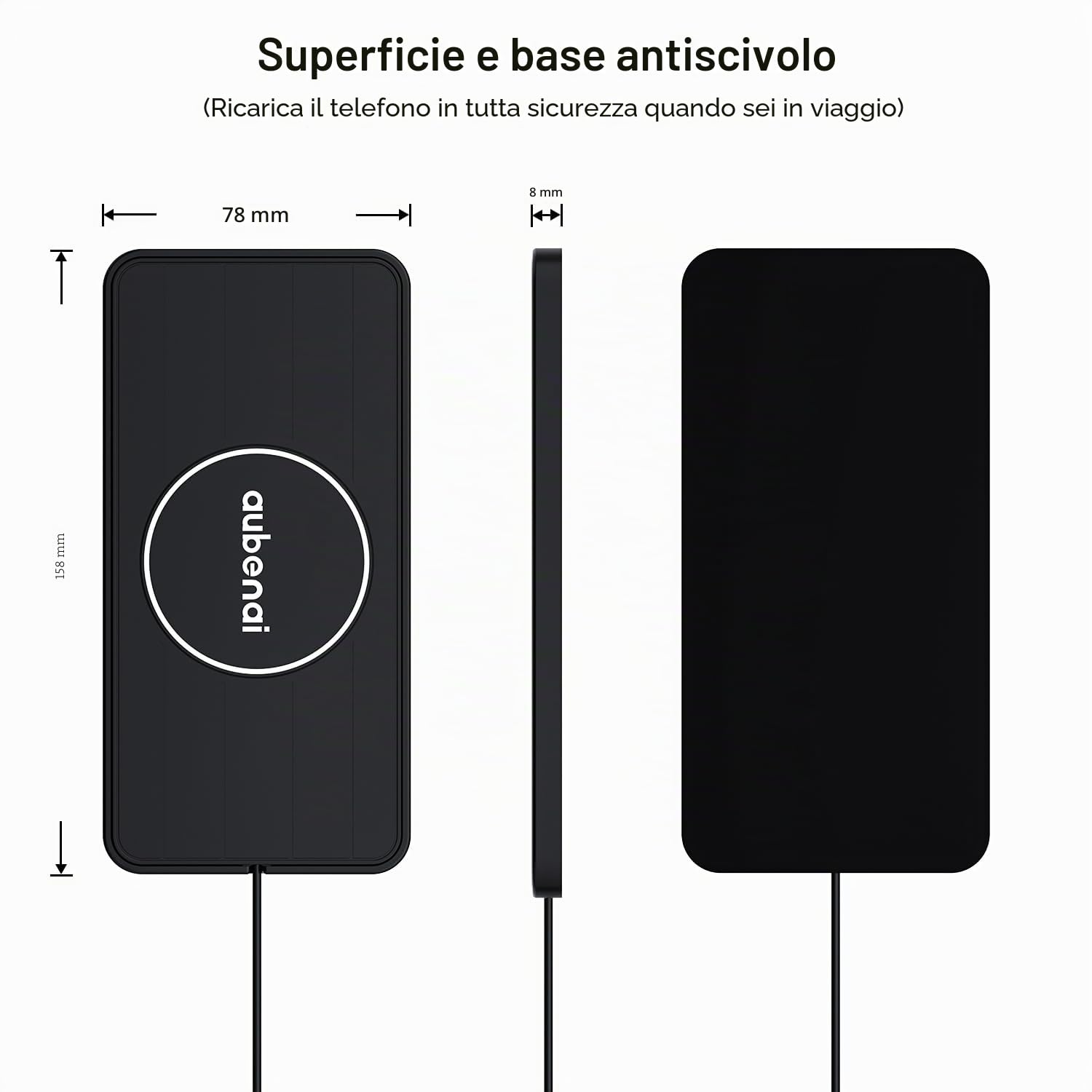 Caricabatterie wireless per auto, tappetino di ricarica rapida da 15 W con cavo di prolunga da 70 cm, tappetino antiscivolo per auto compatibile con iPhone 16/15/14/13, AirPods, Samsung S25