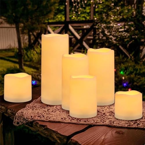 Image of Enpornk Flameless Battery Operated Outdoor Waterproof Set of 12(D: 3 inch x H: 3 inch 4 inch 5 inch 6 inch) Pillar LED Candles with 10-Key Remote and Cycling 24 Hours Timer
