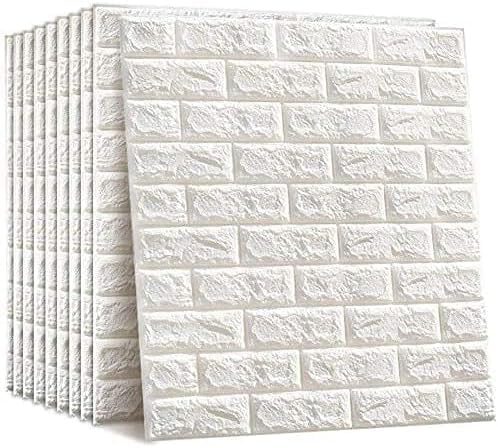 10 PCS Self- Adhesive 3D Wallpaper, DIY Waterproof White Brick Pattern Wall Stickers for Living Room Bedroom, 77 x 70 cm