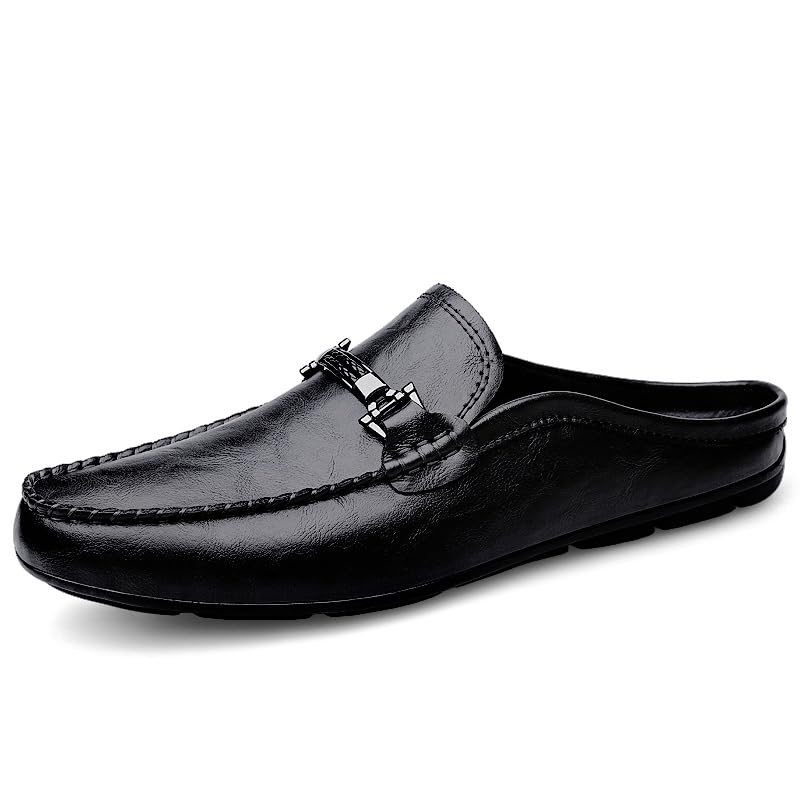 Men's Leather Slip-On Loafers, Half Shoes,Backless Moccasin, Casual Driving Shoes, Brown, Black2
