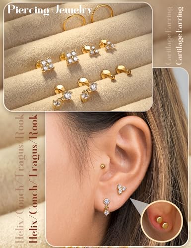 18K Gold Plated Threadless Flat Back Earrings Studs 316L Surgical Steel Push in Nose Studs Rings 20G 18G 16G CZ Tragus Cartilage Helix Conch Lip Labret Medusa Nostril Piercing Jewelry Hypoallergenic3