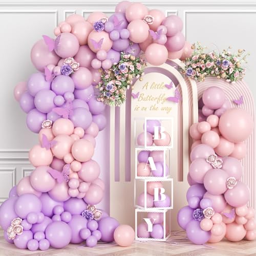PtyPop 141 Pièce Baby Shower Decoration Fille avec Kit Arche Ballon Violet et Rosa Décoration Papillon Decoration Cube Baby Shower pour Decoration...