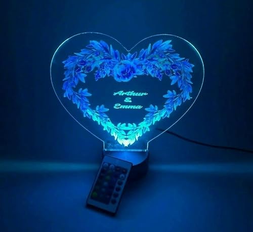 Miniatura 2 de MIRROR MANIA Heart with Flowers UV Printed Couples Night Light Up Table Lamp LED Personalized Free Engraved Names Dates Words Made to Order Custom
