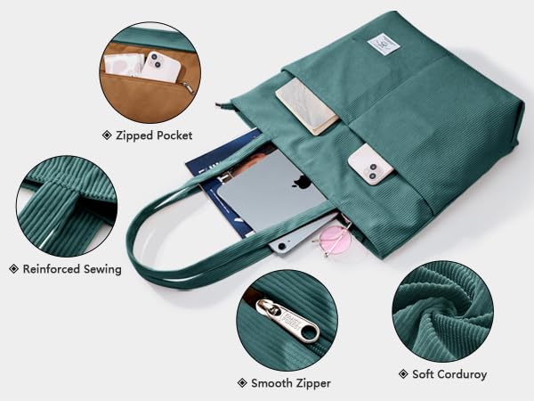 Image of KALIDI Women Corduroy Tote Bag Zipper Casual Tote's Handbag Big Capacity Shoulder Bag with Pockets
