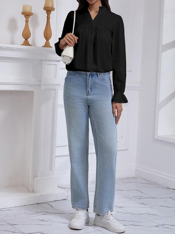 Womens Button Down Long Sleeve Fall Tops Pleated Dressy Work Babydoll Peplum Ruffle Blouse Shirt - Image 6