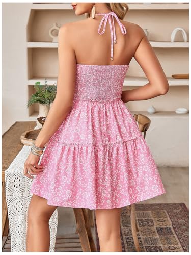 Image of Floerns Women's Floral Sleeveless Halter Dress Milkmaid Flare Hem Boho Mini Dress