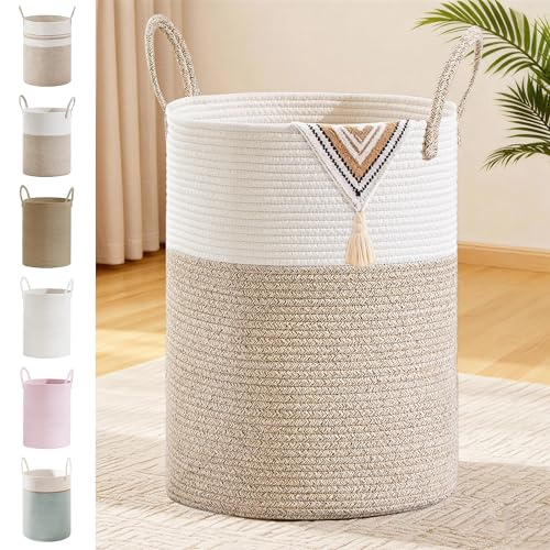 Image of 100L Extra Large Tall Cotton Rope Laundry Basket with Handle, Brown