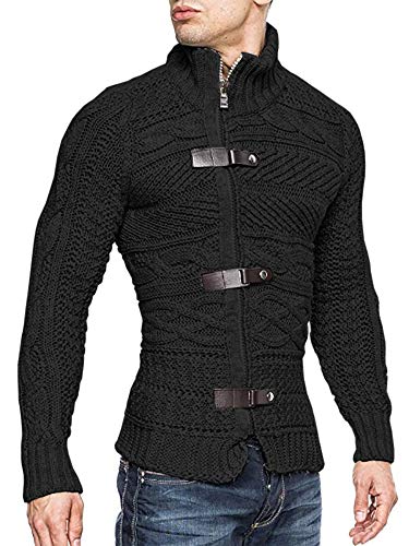 Karlywindow Men's Cable Knitted Oplique Zip Button Front Long Sleeve Cardigan Sweater2