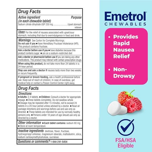 Image of Emetrol Non-Drowsy Nausea Relief - Chewable Medicine for Upset Stomach - Pharmacist Recommended Nausea Relief - Mixed Berry Flavor, 60 Tablets (Pack of 2)