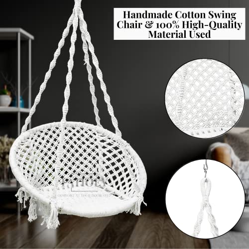 Image of Swing for Adults /Jhula for Adults /Wooden Swing for Living Room /Swing for Balcony /Swing Chair /Swing for Adults for Home /Large Cotton Round Hammock Hanging Swing (White-32 Inches) by Patiofy