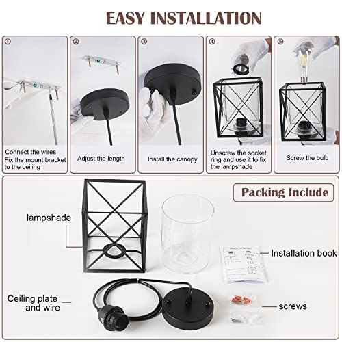 IMPIOIO Farmhouse Black Pendant Light with Seeded Glass Industrial Cage Blown Clear Bubble Glass Hanging Lighting Adjustable Cord for Kitchen Island Over Sink Hallway - Image 9