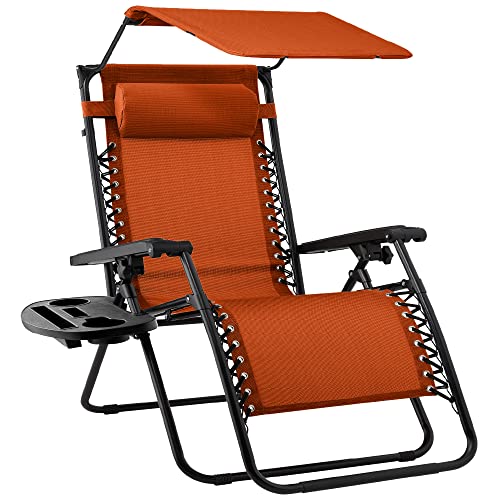 Best Choice Products Folding Zero Gravity Outdoor Recliner Patio Lounge Chair w/Adjustable Canopy Shade, Headrest, Side Accessory Tray, Textilene Mesh - Burnt Orange