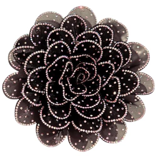 CREATCABIN Broche de Camelia con Diamantes de Imitación Alfileres de Solapa Broches Florales de Tela de Cristal Negros para Mujer Ropa de Moda Vestidos Accesorios de Traje Joyería Ramillete 155mm