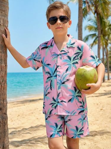 Image of DAXIANG Boys 2 Piece Hawaiian Outfit Summer Button Down Shirt and Pocket Short Sets Beach Vacation Clothes for Kid Size 3-10
